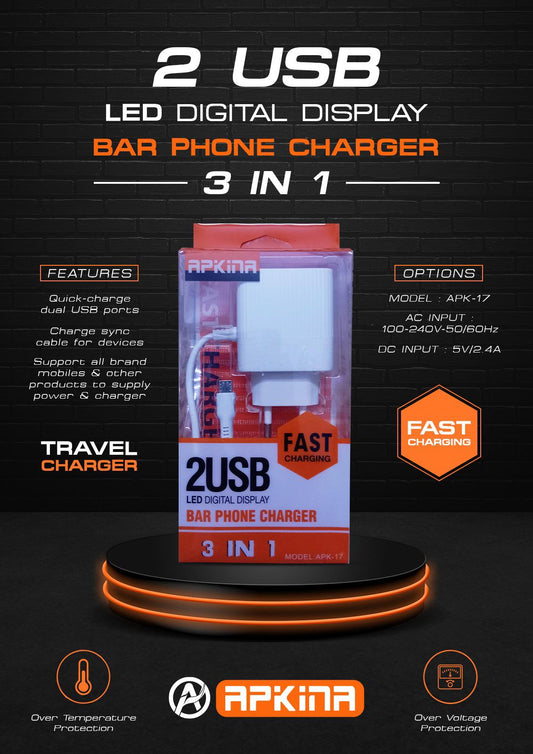 3 IN 1 Dual USB LED Digital Display Fast Charger